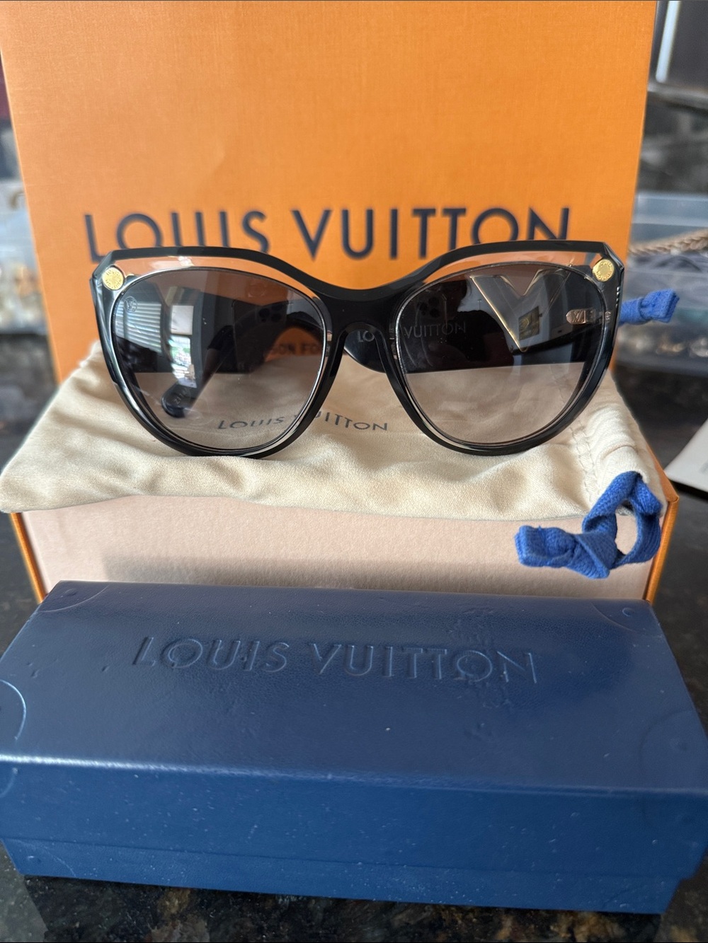 Louis Vuitton Black Cat-Eye Sunglasses with Gold Accents